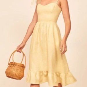 Reformation NWT Eileen Linen Midi Dress Lemon Yellow